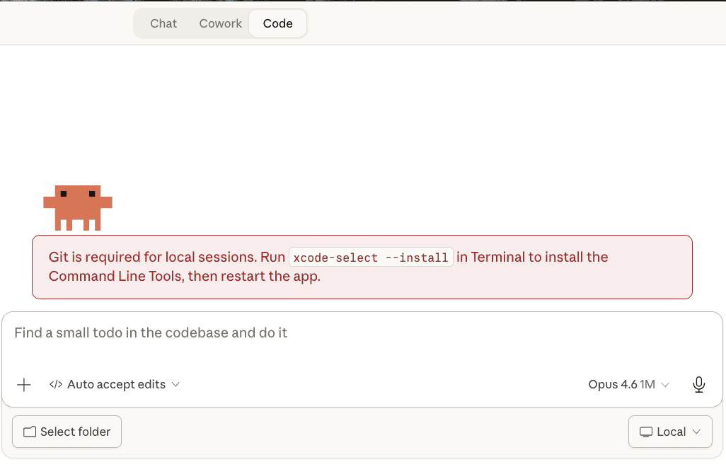 App do Claude no Mac, na aba Code, com o aviso “Git is required for local sessions. Run xcode-select --install in Terminal”