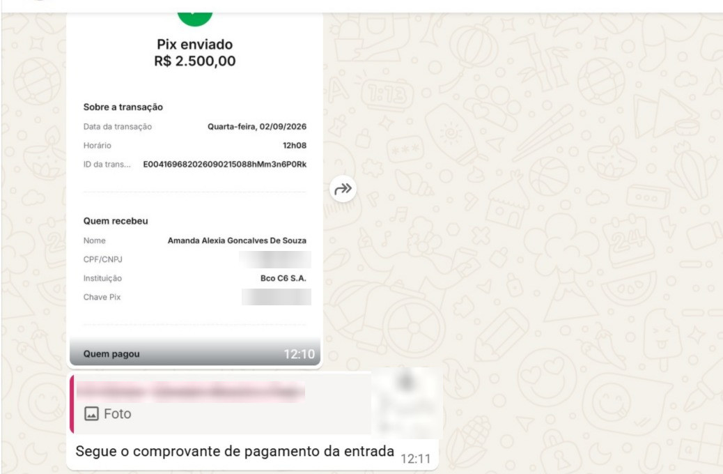 Print no grupo IA BUSINESS 1, 02/09, 12h17: “Pix enviado R$ 2.500,00 · Segue o comprovante de pagamento da entrada · e o primeiro pagamento caiuuu galera. Daquele contrato de 10 k🎉🎉🎉”