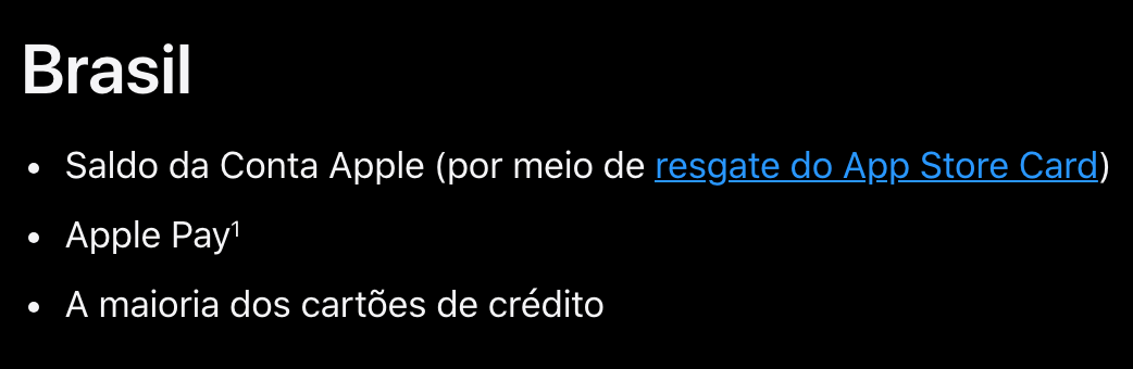 Página de suporte da Apple com os métodos de pagamento da Conta Apple, na parte do Brasil: saldo da Conta Apple por meio de resgate do App Store Card, Apple Pay e a maioria dos cartões de crédito