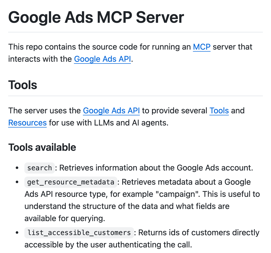 O README do google-ads-mcp no GitHub, do título Google Ads MCP Server às três ferramentas: search, get_resource_metadata e list_accessible_customers