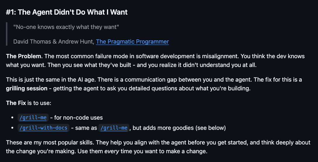Trecho do README das skills do Matt Pocock no GitHub: o problema mais comum é o agente não entender o que você quer, e a correção é usar o /grill-me ou o /grill-with-docs