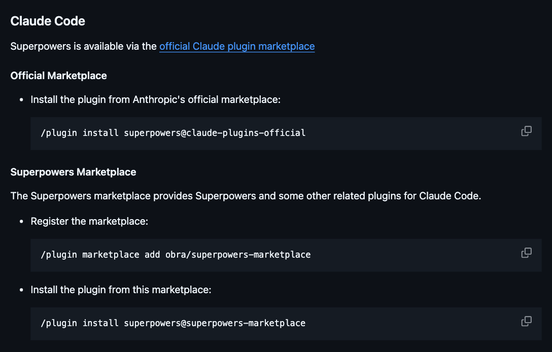 A parte Claude Code do README do Superpowers no GitHub, com o comando de instalação pelo catálogo oficial e os dois comandos do catálogo do autor