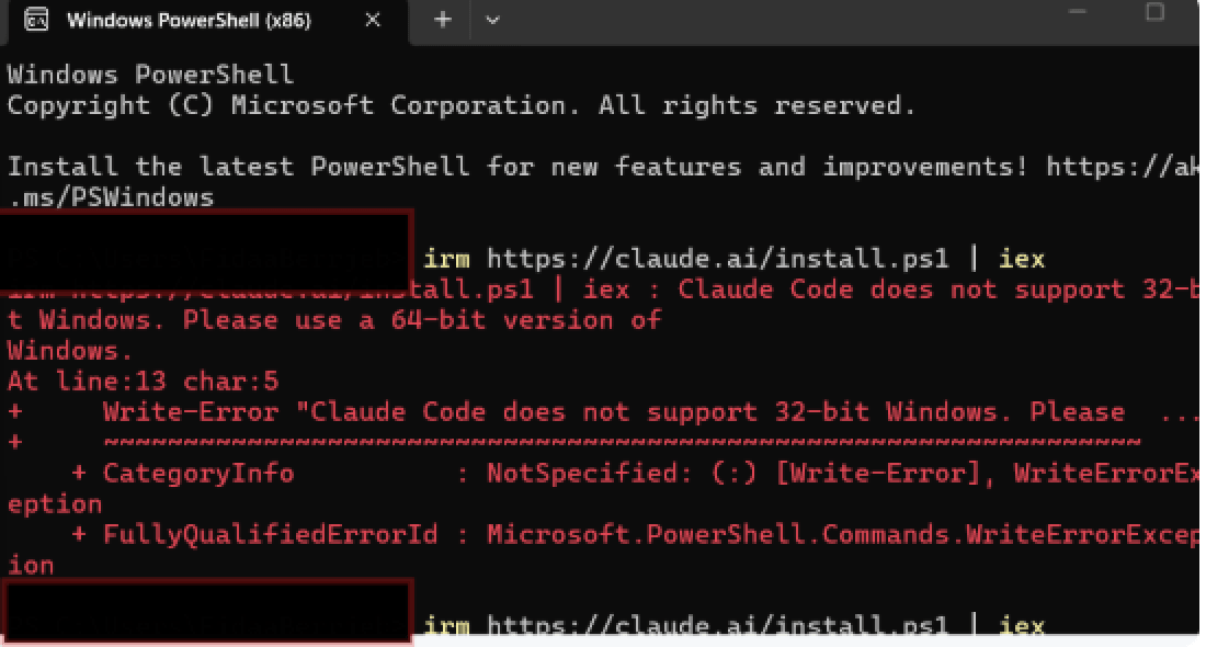 Janela do Windows PowerShell (x86) com o comando irm https://claude.ai/install.ps1 | iex e o erro em vermelho “Claude Code does not support 32-bit Windows. Please use a 64-bit version of Windows.”