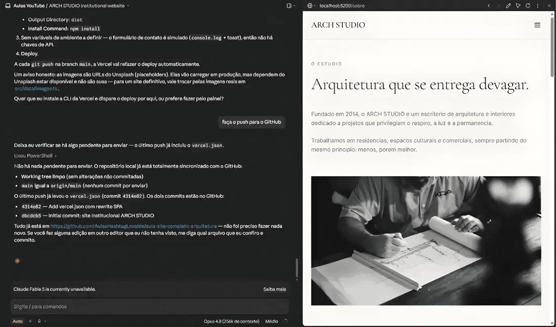 O Claude Code no app do Claude, com a conversa em português na esquerda e, na direita, a prévia do site de um escritório de arquitetura, o ARCH STUDIO, aberta no navegador