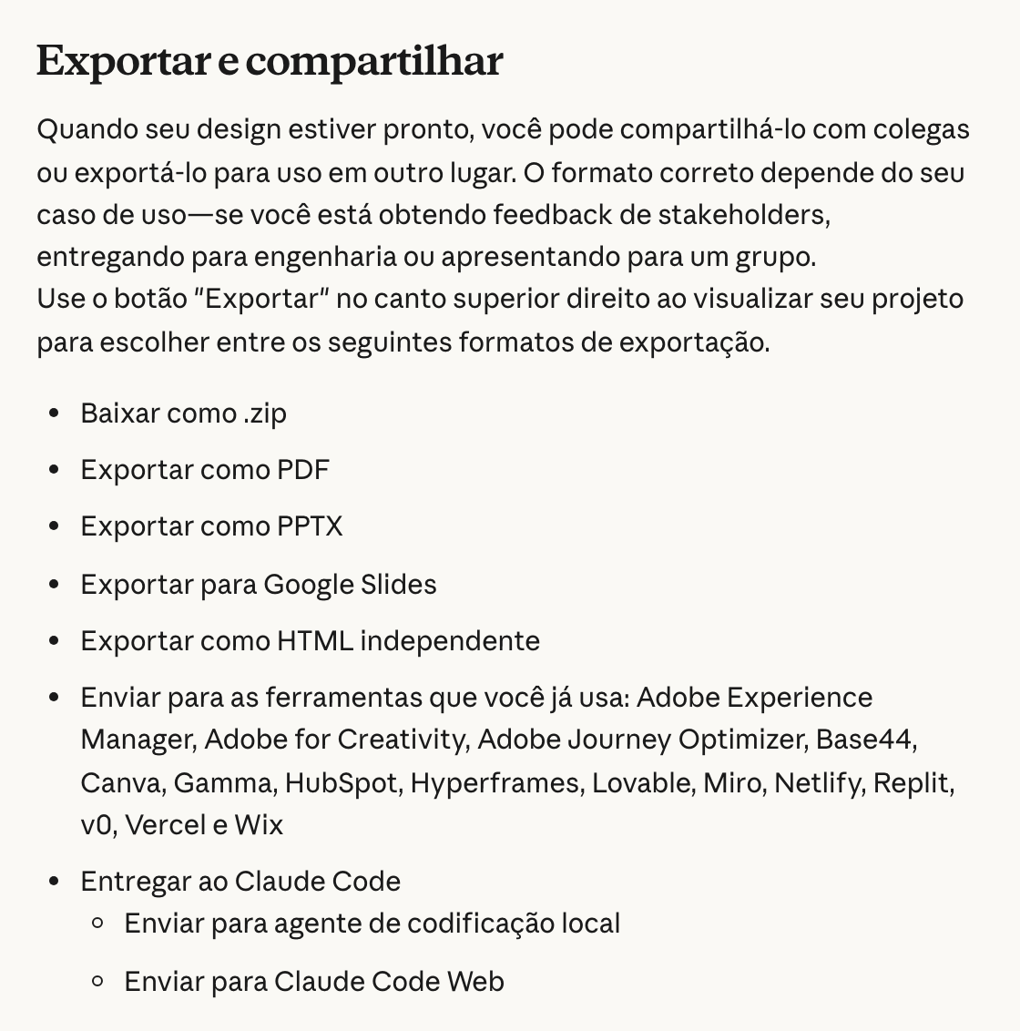 Trecho da central de ajuda da Anthropic em português, na parte Exportar e compartilhar do Claude Design: a lista de formatos e de ferramentas pra onde o design vai, com Lovable, Replit, v0, Vercel e Wix, e a opção Entregar ao Claude Code
