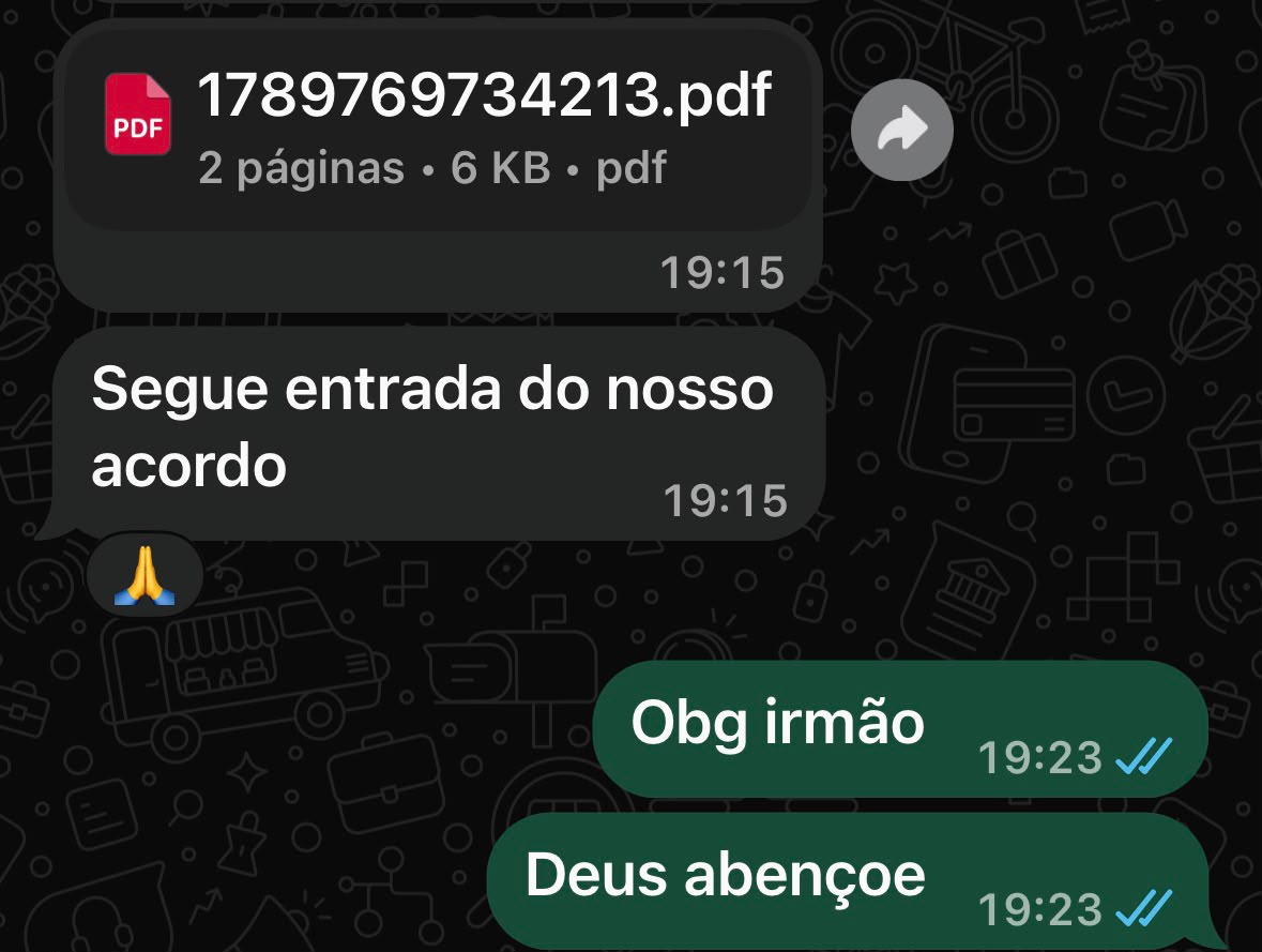 Print no grupo IA BUSINESS 2, 18/09, 22h06: “Segue entrada do nosso acordo · Obg irmão · Deus abençoe”