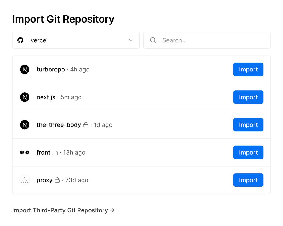 A tela Import Git Repository da Vercel: a conta do GitHub escolhida no menu, a busca e a lista de repositórios, cada um com o botão azul Import do lado.