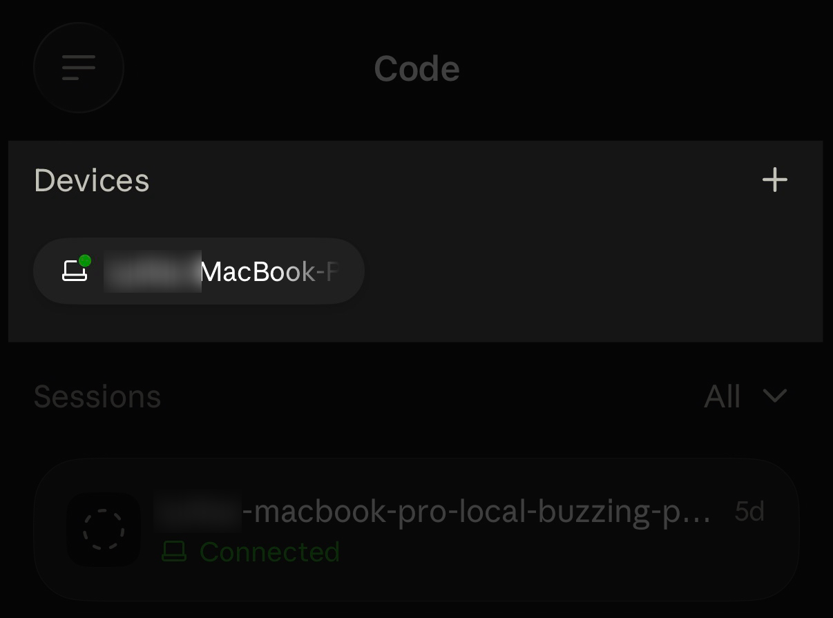 Aba Code do app do Claude no celular, com o computador conectado em Devices e a sessão marcada como Connected