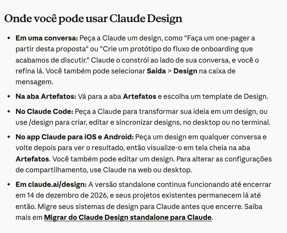 Trecho da central de ajuda da Anthropic em português com a lista de onde dá pra usar o Claude Design: numa conversa, na aba Artefatos, no Claude Code, no app de iOS e Android e no claude.ai/design