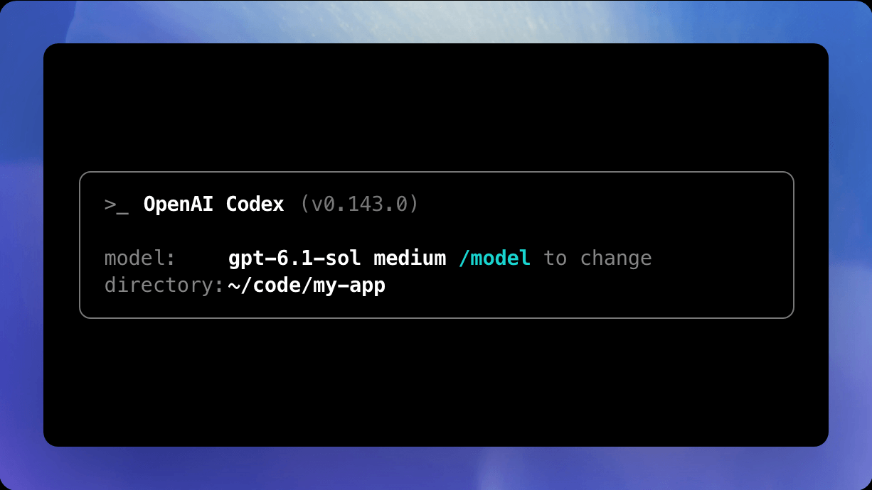 Ilustração da documentação da OpenAI com a tela de abertura do Codex CLI no terminal, mostrando o modelo gpt-6.1-sol e a pasta do projeto