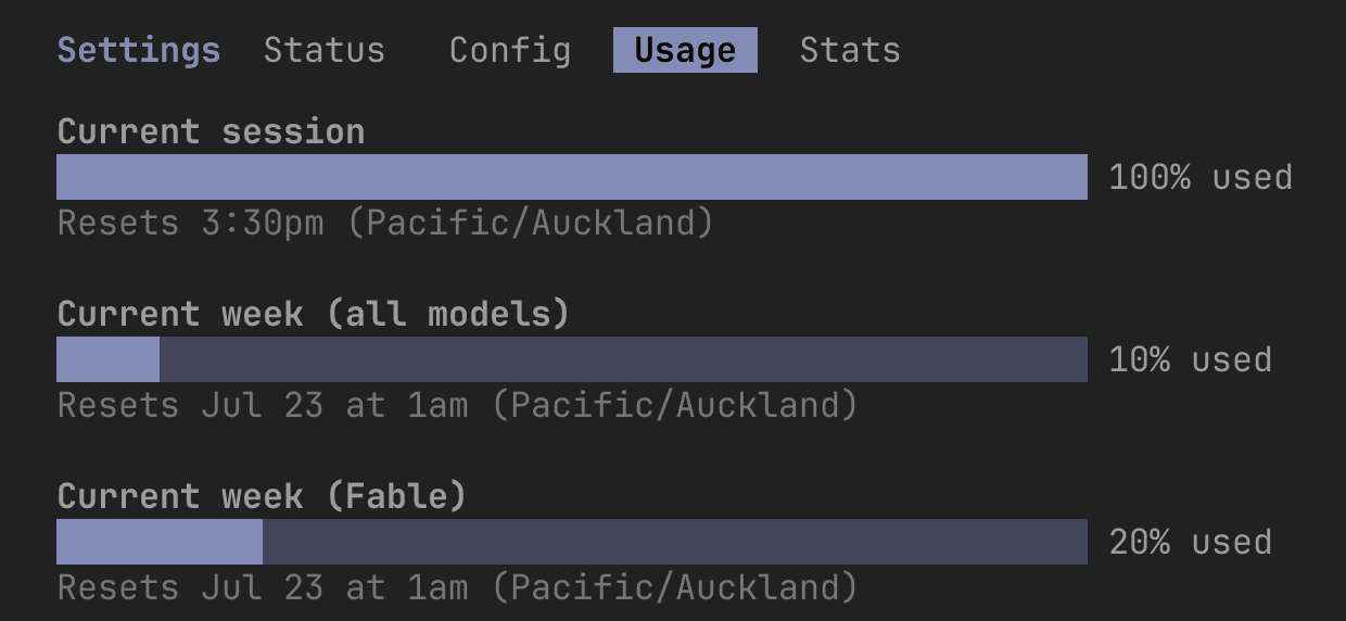 Tela do comando /usage no terminal do Claude Code mostrando a barra de consumo da sessão atual e da semana, com o horário de reinício