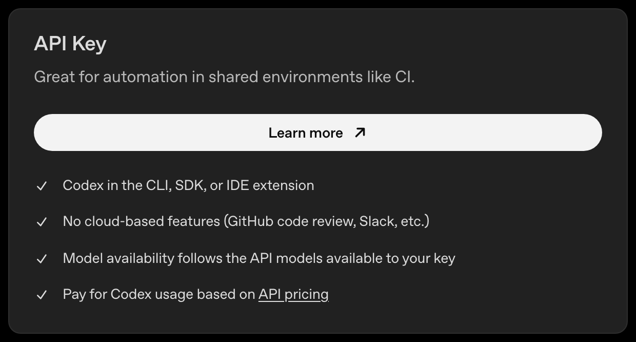 O cartão API Key da página de preços do Codex: CLI, SDK e extensão, sem a nuvem, cobrado pelo preço da API