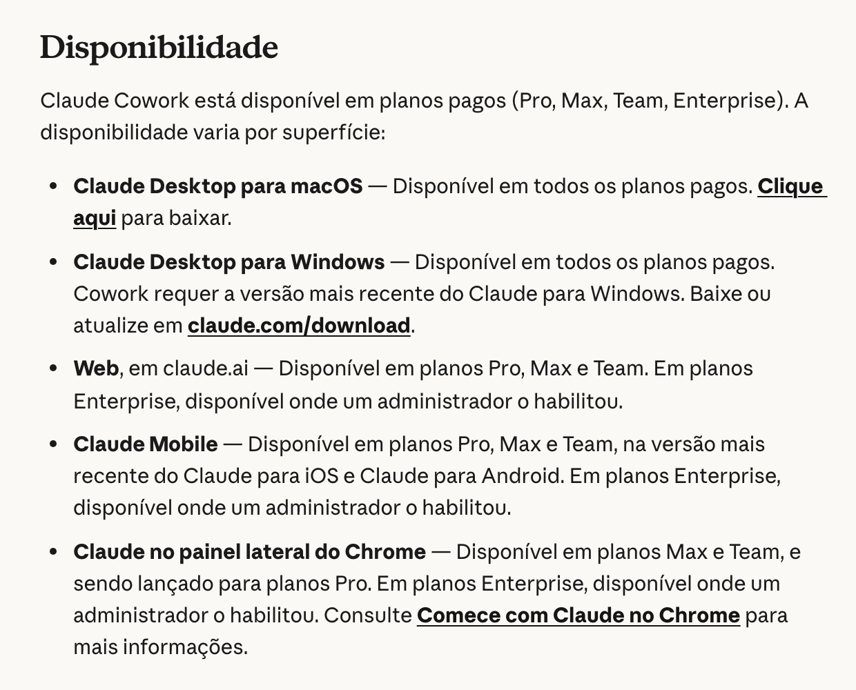 Trecho da central de ajuda da Anthropic em português com a disponibilidade do Claude Cowork: Claude Desktop para macOS e para Windows em todos os planos pagos, web, celular e o painel lateral do Chrome