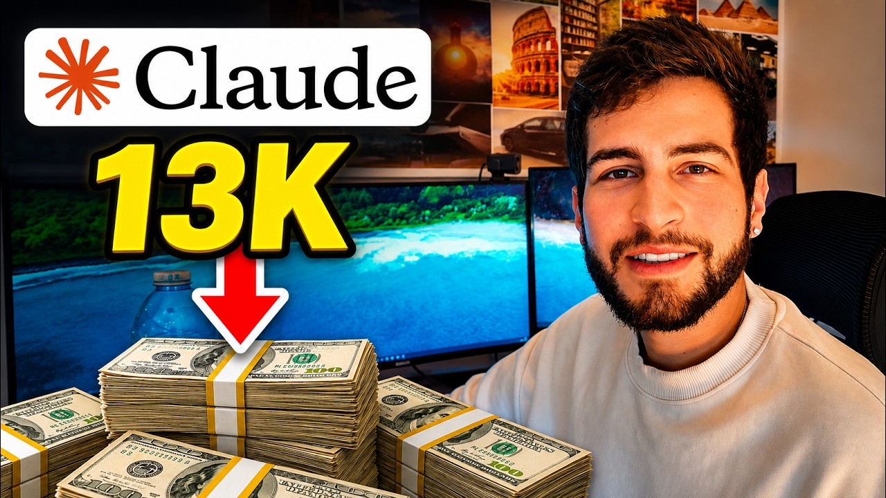 Miniatura do vídeo: o Vagner sorrindo no escritório, com 13K em amarelo e uma seta vermelha apontando para pilhas de dinheiro.