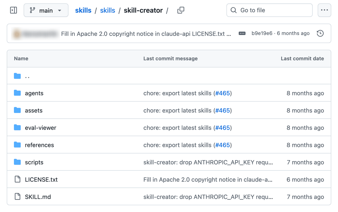 Repositório oficial anthropics/skills no GitHub exibindo a pasta da skill-creator com o arquivo SKILL.md e subpastas de apoio