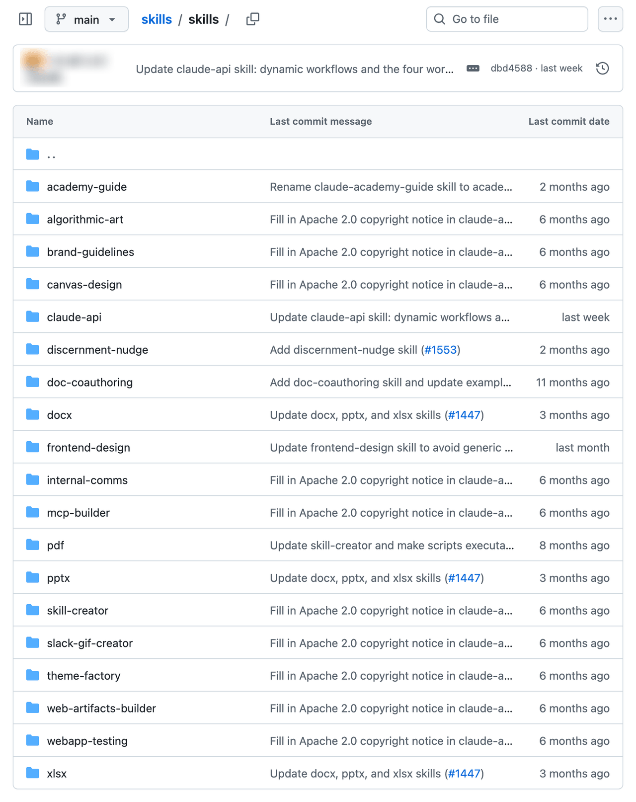A pasta skills do repositório anthropics/skills no GitHub, com uma pasta por skill, entre elas docx, frontend-design, pdf, pptx, skill-creator e xlsx