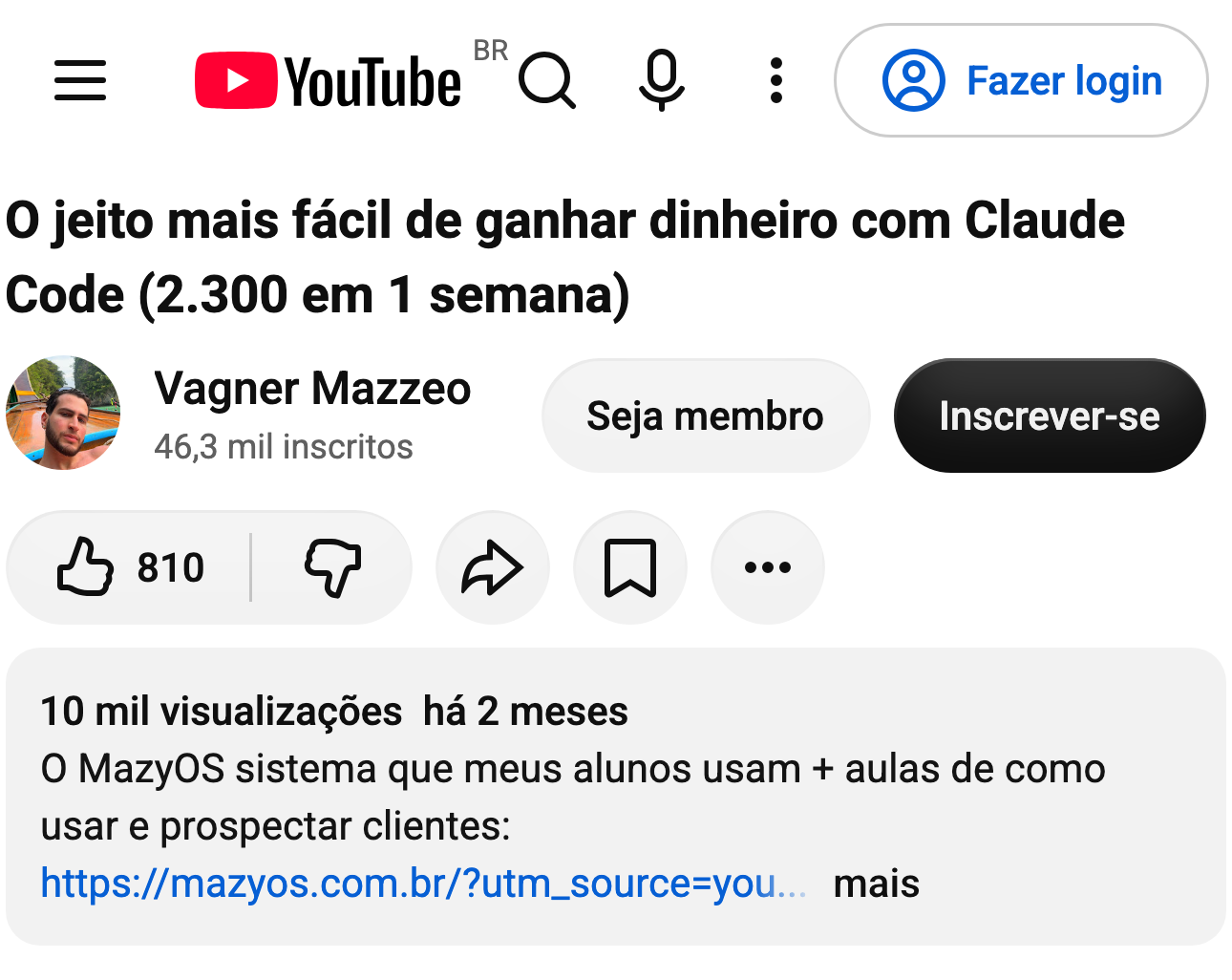 Captura do comentário de @eduardoweberai no YouTube, no vídeo “O jeito mais fácil de ganhar dinheiro com Claude Code (2.300 em 1 semana)”, do canal Vagner Mazzeo: “Sou eu o cara dos 2300 ali haha! Que honra ser citado no seu vídeo Vagner!”