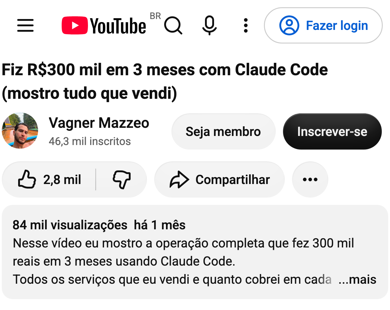 Captura do comentário de @brunovrc_ no YouTube, no vídeo “Fiz R$300 mil em 3 meses com Claude Code (mostro tudo que vendi)”, do canal Vagner Mazzeo: “já foram mais de 70k faturados. A reforma do meu apartamento e enxoval da minha filha 100% pagos com MazyOS.”