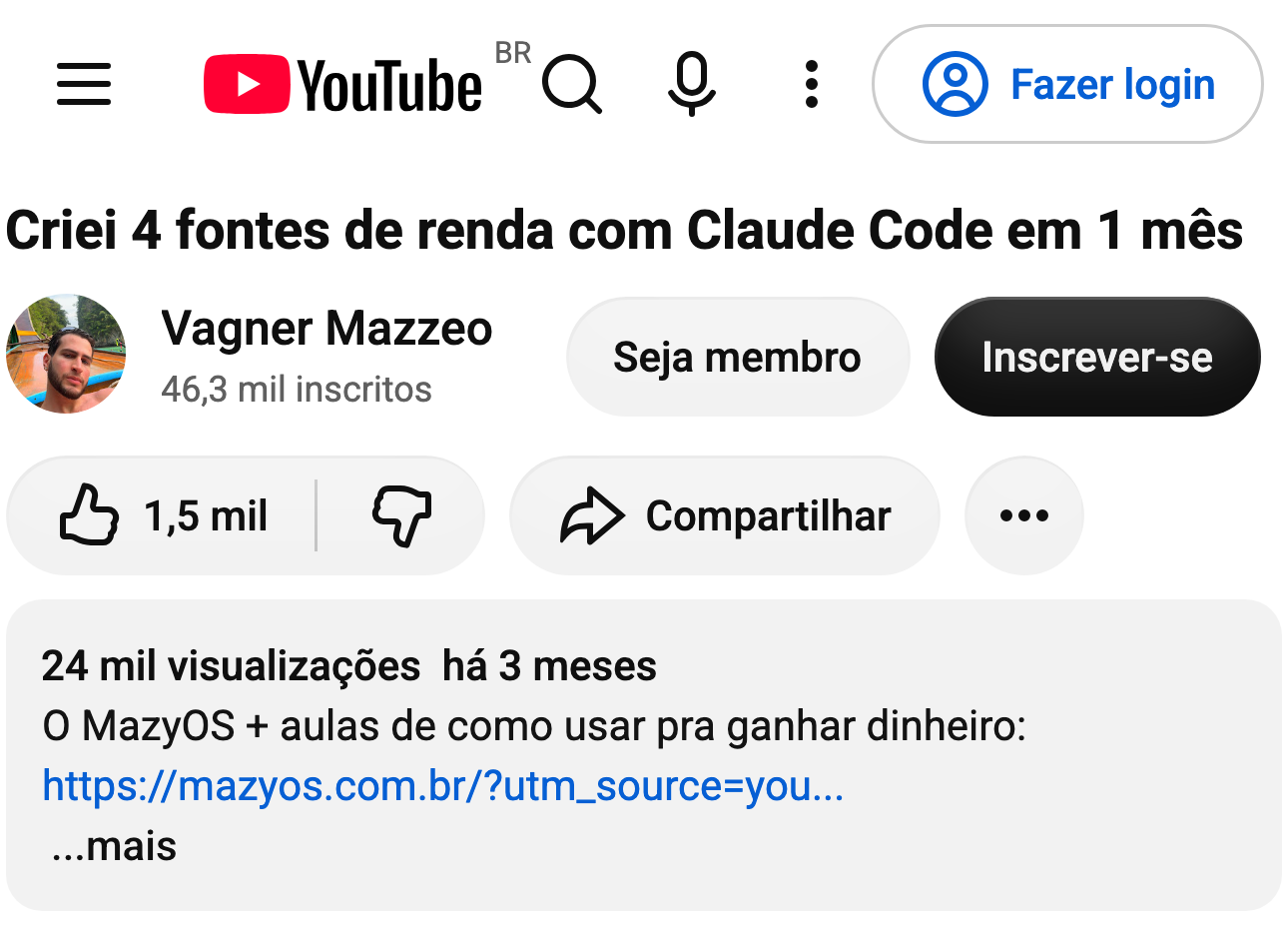 Captura do comentário de @wss1012 no YouTube, no vídeo “Criei 4 fontes de renda com Claude Code em 1 mês”, do canal Vagner Mazzeo: “eu ja tinha desistido, […] com menos de 1 semana, fechei 2 clientes pagantes, fora 3 sites que eu entreguei de graça, e um sitema para minha empresa que trampo no CLT”