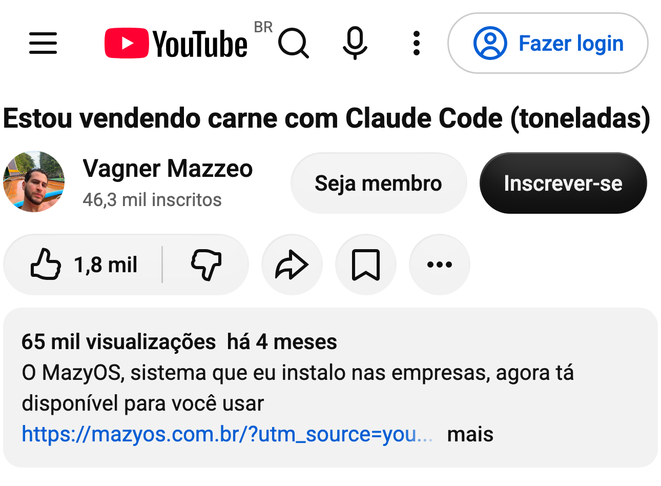 Captura do comentário de @gustavoalvesia no YouTube, no vídeo “Estou vendendo carne com Claude Code (toneladas)”, do canal Vagner Mazzeo: “Mostrou como faz, não o que da pra fazer.”