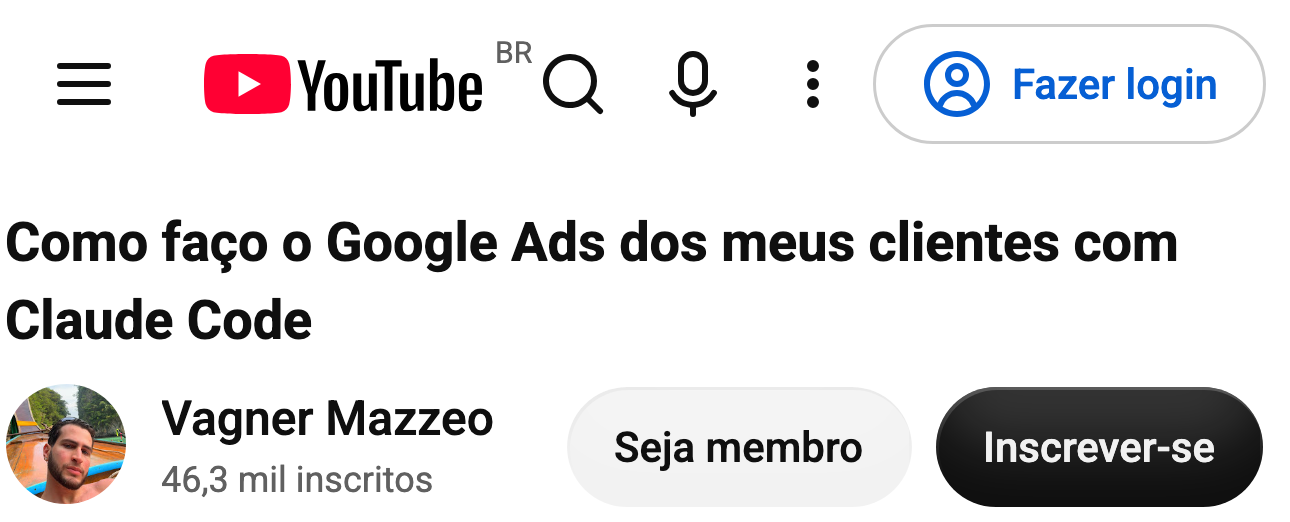 Captura do comentário de @candidalira7634 no YouTube, no vídeo “Como faço o Google Ads dos meus clientes com Claude Code”, do canal Vagner Mazzeo: “Ola Vagner. Infelizmente eu nao vou poder causa do Clsude, o meu cartão nao e internacional. Tem outro jeito de adquirir sem cartão?”