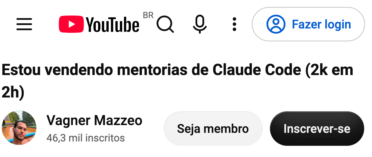 Captura do comentário de @dijoneees no YouTube, no vídeo “Estou vendendo mentorias de Claude Code (2k em 2h)”, do canal Vagner Mazzeo: “Assim como todos aqui, ver teus vídeos dá um gás (acabei de fechar um contrato de 3200)”