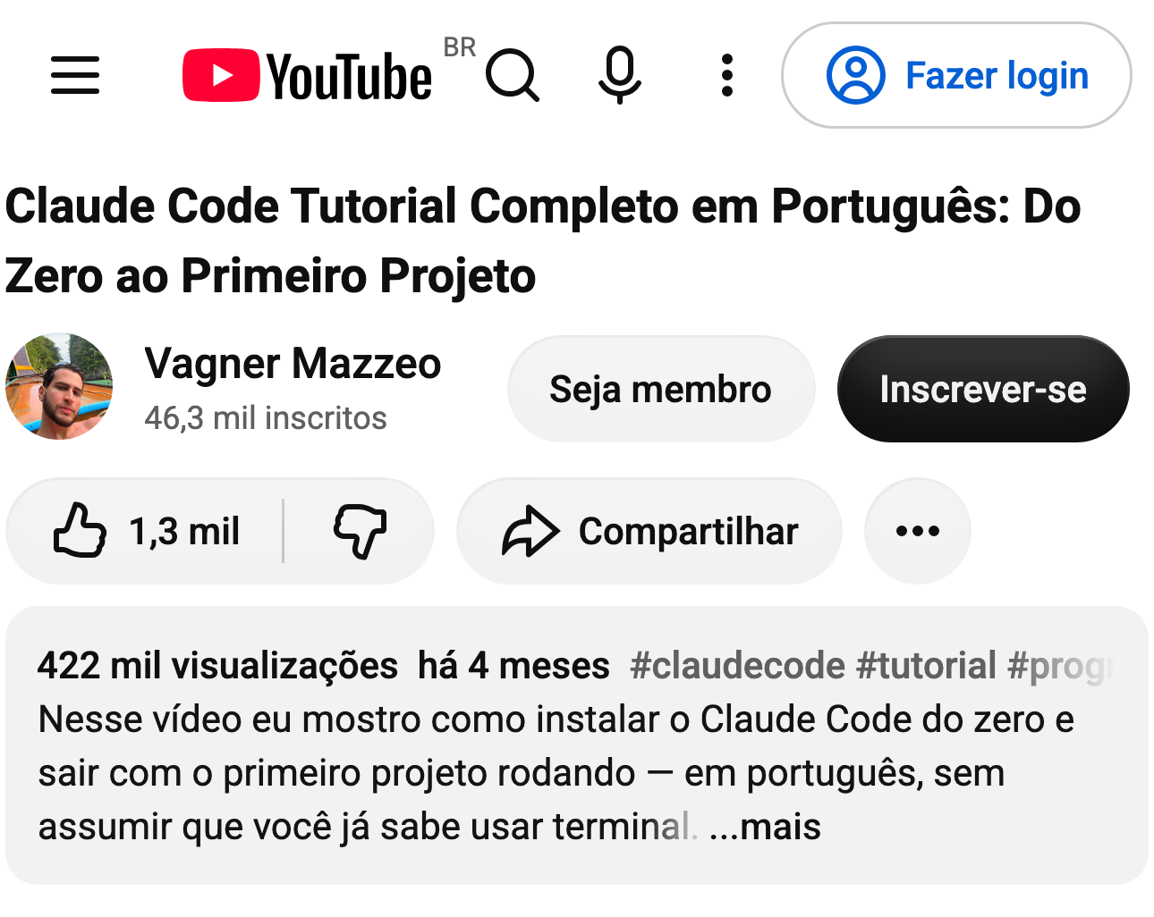 Captura do comentário de @fran_gustavo no YouTube, no vídeo “Claude Code Tutorial Completo em Português: Do Zero ao Primeiro Projeto”, do canal Vagner Mazzeo: “Vagner, tenho 67 anos, já investi em gurus conhecidos da internet, e nunca ví um cara com tanta didática igual à você. […] consegui replicar tudo extamente do jeito que ensinou.”