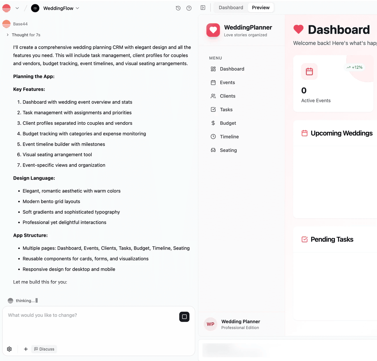 O editor do Base44: na esquerda, o chat com o plano do app, um CRM de casamentos com as funções, a linguagem visual e as páginas, e a caixa What would you like to change?; na direita, o começo da prévia do painel WeddingPlanner, com o menu e o primeiro cartão.