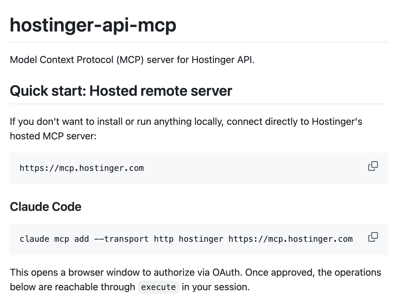 O README do MCP oficial da Hostinger no GitHub, do título hostinger-api-mcp ao comando claude mcp add e ao aviso de autorização no navegador