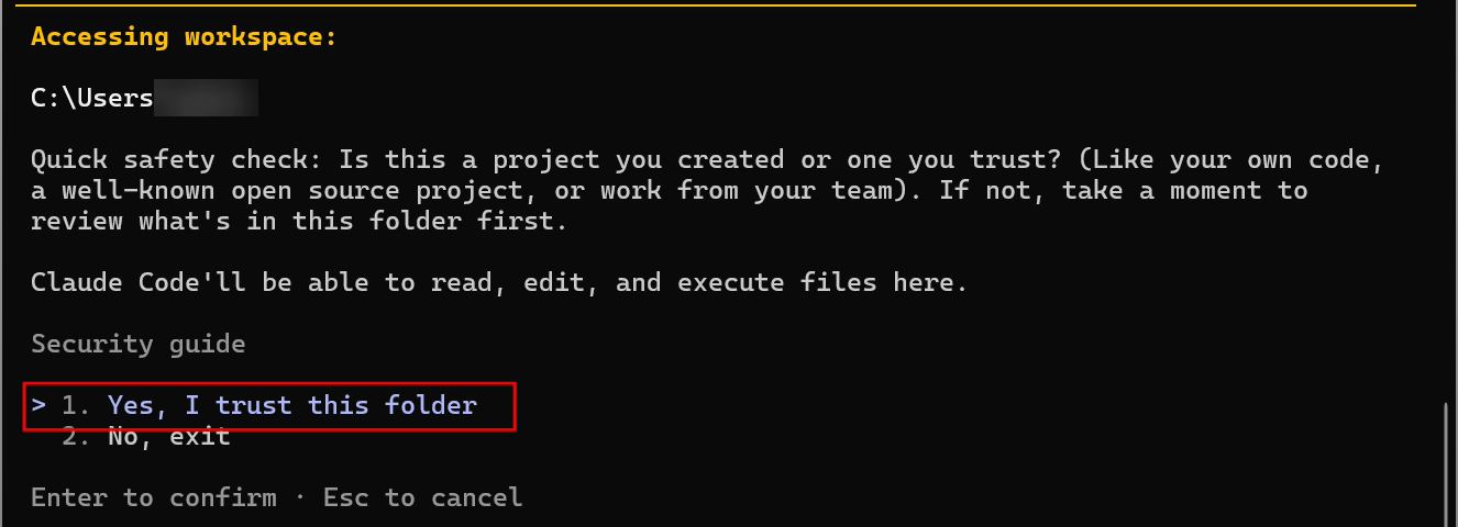 Tela “Accessing workspace” do Claude Code, com a pergunta se a pasta é confiável e a opção “1. Yes, I trust this folder” marcada