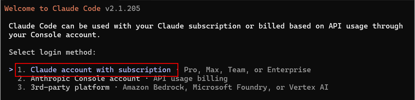 Tela “Select login method” do Claude Code no Windows, com a opção “1. Claude account with subscription · Pro, Max, Team, or Enterprise” marcada e, embaixo, “Anthropic Console account · API usage billing” e “3rd-party platform”