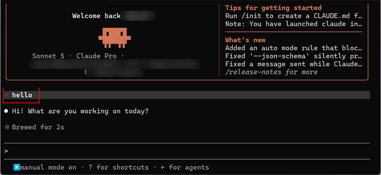 Tela de boas-vindas do Claude Code no PowerShell com “Sonnet 5 · Claude Pro”, o pedido “hello” e a resposta “Hi! What are you working on today?”