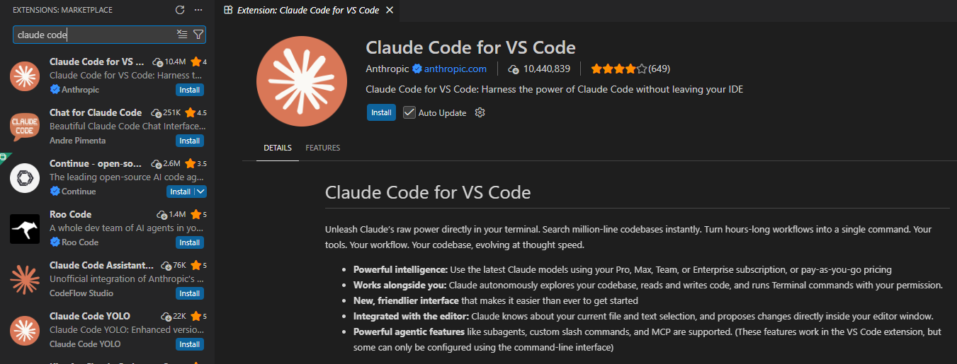Aba de extensões do VS Code com a busca “claude code”: no topo, “Claude Code for VS Code”, da Anthropic, com o selo de verificado e o botão Install; embaixo, extensões parecidas de outros autores