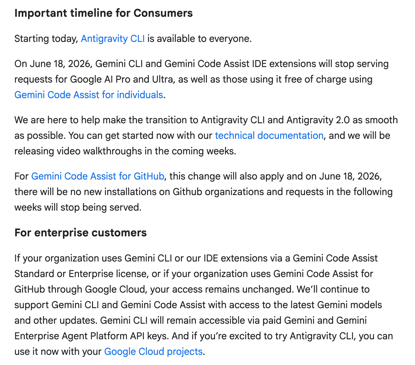 O comunicado do Google sobre o Gemini CLI, em inglês: em Important timeline for Consumers, a partir de 18 de junho de 2026 o Gemini CLI e as extensões do Gemini Code Assist deixam de atender o Google AI Pro, o Ultra e quem usava de graça; em For enterprise customers, quem tem licença de empresa segue com acesso, e o Gemini CLI continua com chave de API paga