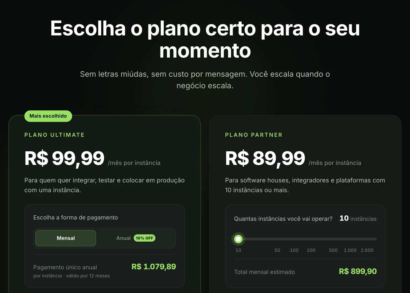 A seção de planos do site da Z-API: o Plano Ultimate a R$ 99,99 por mês por instância (ou R$ 1.079,89 por ano) e o Plano Partner a R$ 89,99 por instância pra quem opera 10 instâncias ou mais, sem custo por mensagem.