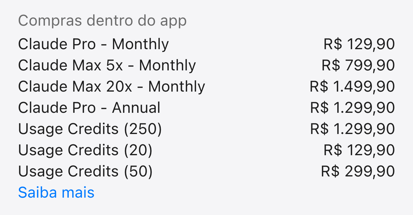 Lista “Compras dentro do app” da página do Claude na App Store do Brasil: Claude Pro mensal a R$ 129,90, Claude Max 5x mensal a R$ 799,90, Claude Max 20x mensal a R$ 1.499,90, Claude Pro anual a R$ 1.299,90 e os pacotes de créditos de uso de R$ 129,90, R$ 299,90 e R$ 1.299,90