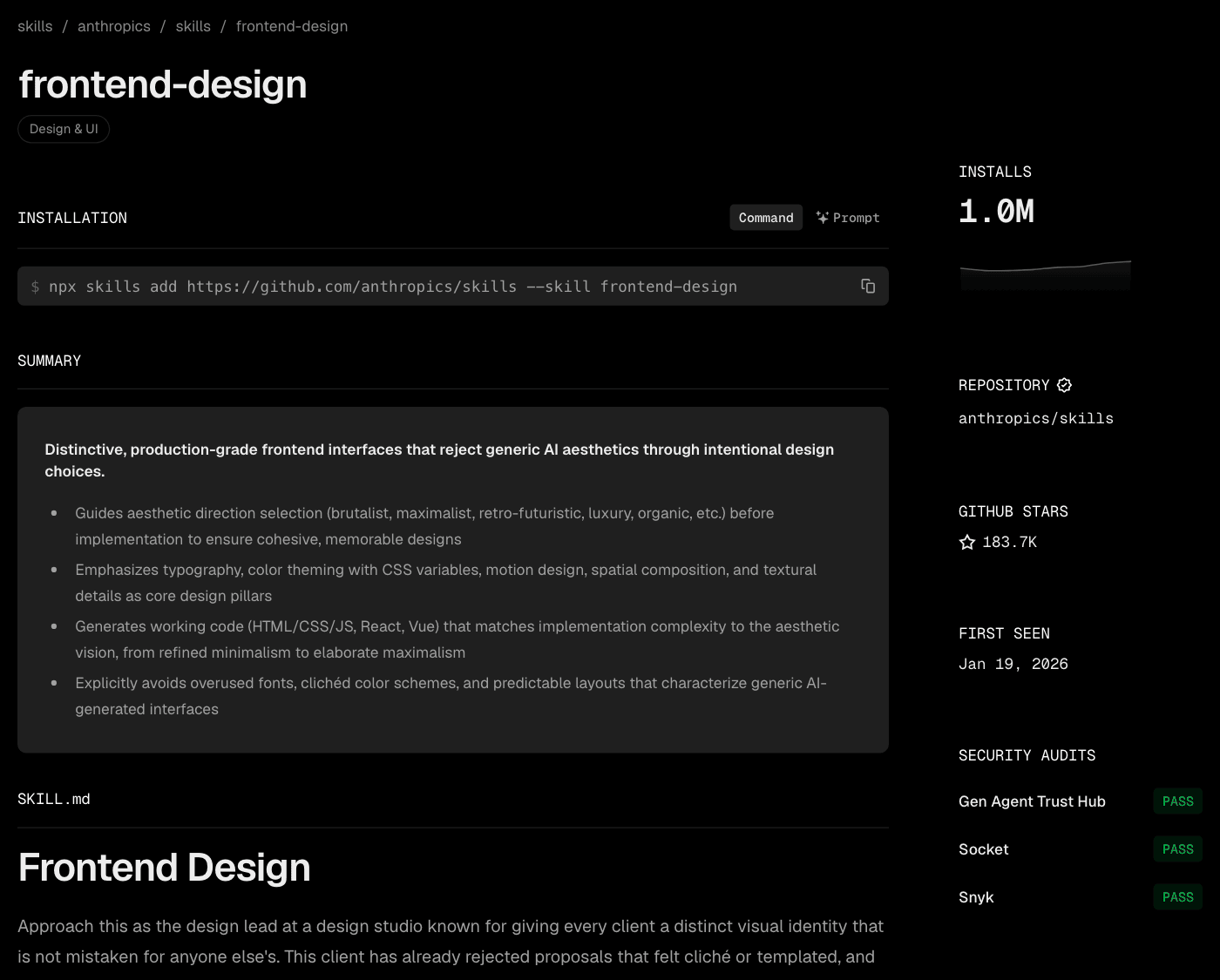 Página da skill frontend-design no skills.sh, com o comando de instalação, o resumo do que ela faz, 1.0M de instalações, o repositório anthropics/skills, 183.7K estrelas e as três auditorias marcadas como Pass