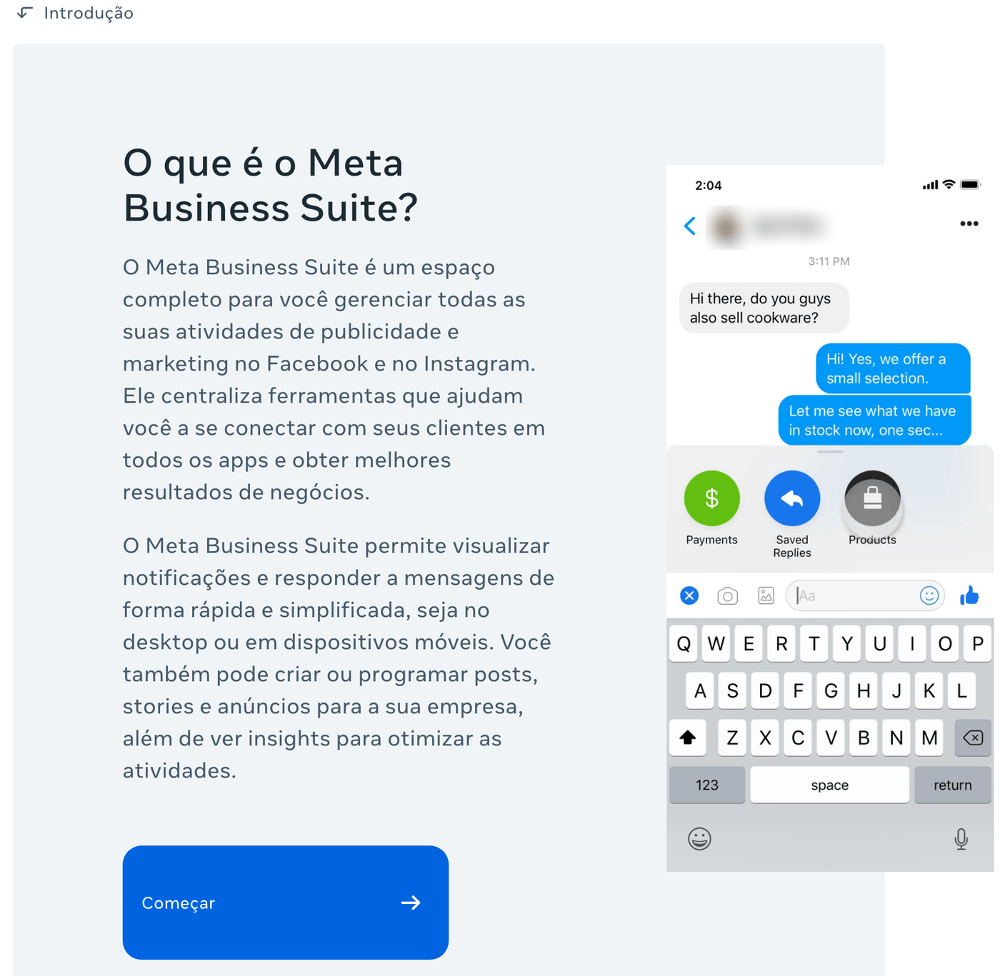A página do Meta Business Suite no Meta for Business, em O que é o Meta Business Suite?: o texto diz que ele junta as atividades de publicidade e marketing do Facebook e do Instagram, deixa responder mensagens e criar ou programar posts, stories e anúncios; ao lado, a tela de uma conversa no celular com os atalhos de pagamento, respostas salvas e produtos, o nome do cliente borrado