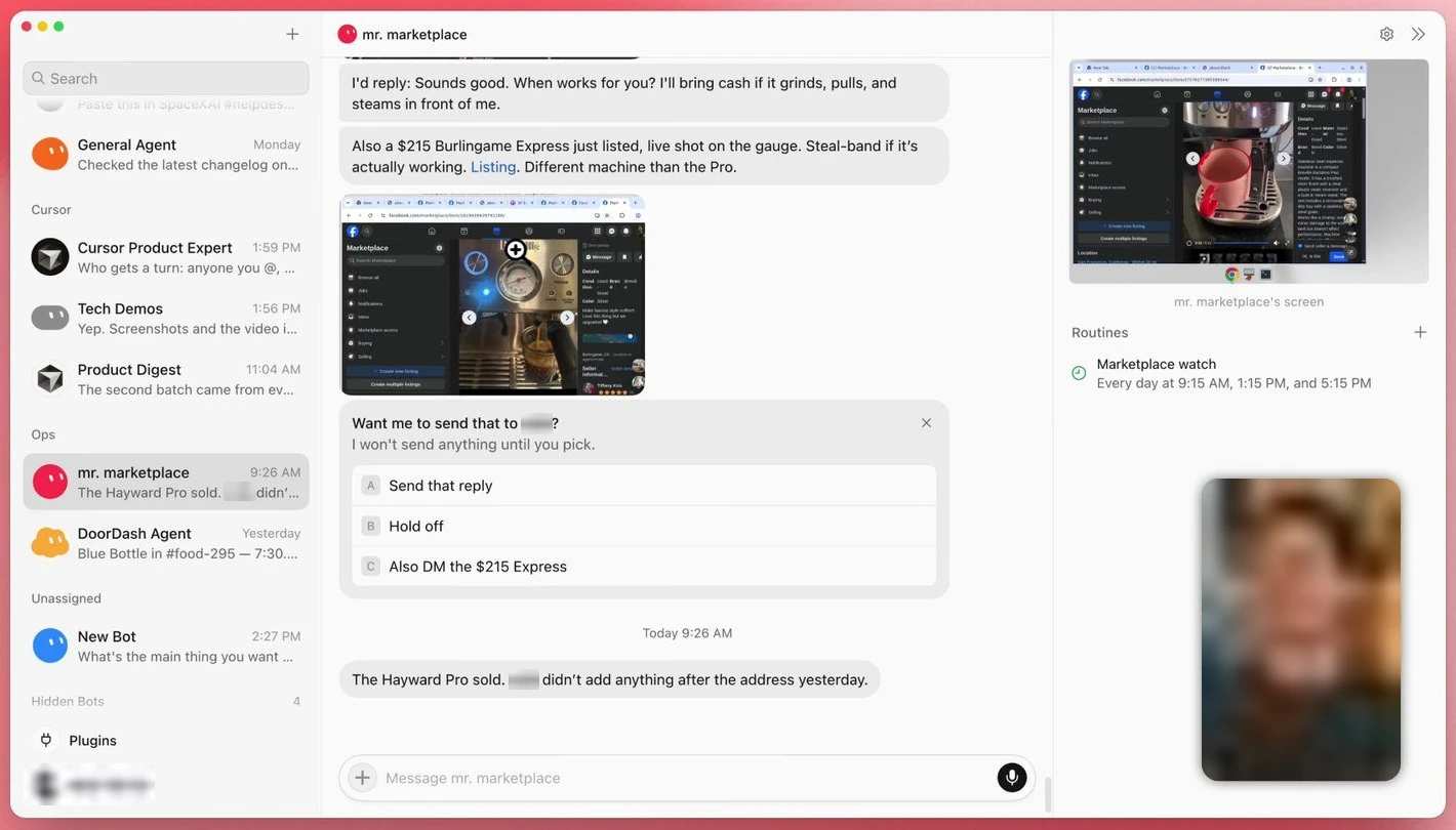 App do Grok Bot com o bot “mr. marketplace”: na conversa, ele mostra um anúncio que achou, pergunta se pode mandar a resposta e avisa “I won't send anything until you pick”, com as opções Send that reply, Hold off e Also DM the $215 Express; na direita, a rotina “Marketplace watch”, todo dia às 9h15, 13h15 e 17h15