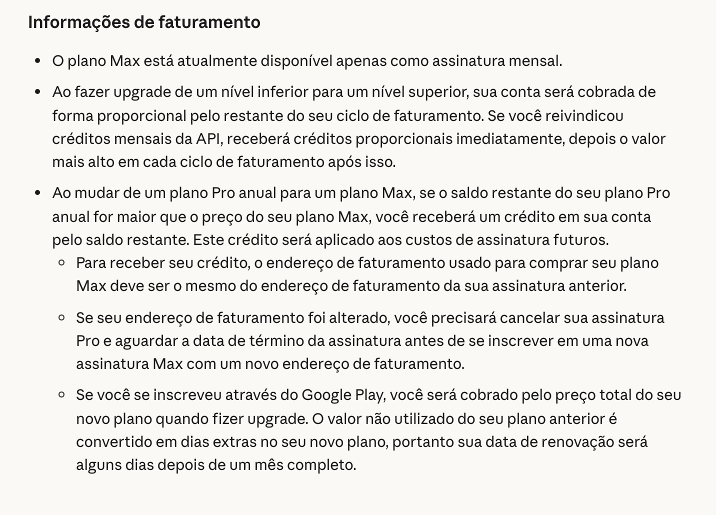 Seção “Informações de faturamento” do artigo da central de ajuda da Anthropic sobre o plano Max, em português: o Max só no mensal; no upgrade, a cobrança é proporcional ao que falta do ciclo; o saldo do Pro anual vira crédito no Max; e, pelo Google Play, o upgrade cobra o preço cheio e o que sobrou vira dias a mais no plano novo