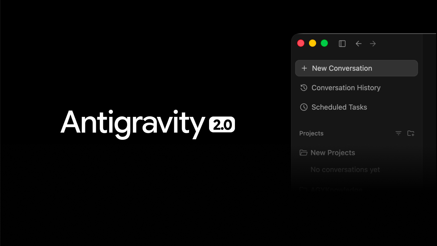 A imagem de lançamento do Antigravity 2.0: o nome Antigravity com o selo 2.0 em fundo preto e, ao lado, a barra lateral do aplicativo, com New Conversation, Conversation History, Scheduled Tasks e Projects