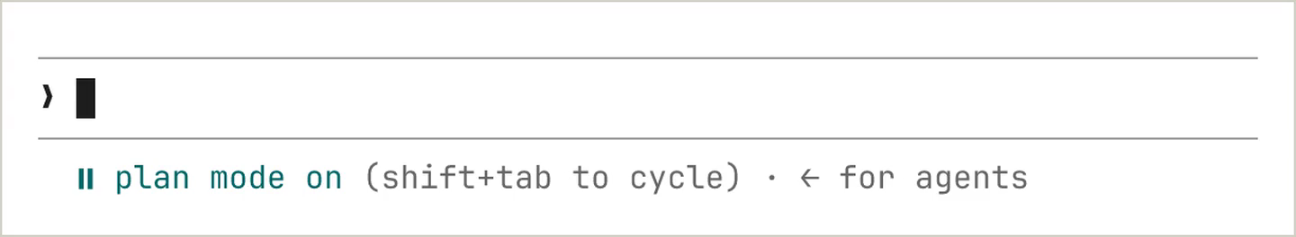 Caixa de texto do Claude Code com o aviso plan mode on (shift+tab to cycle) logo abaixo