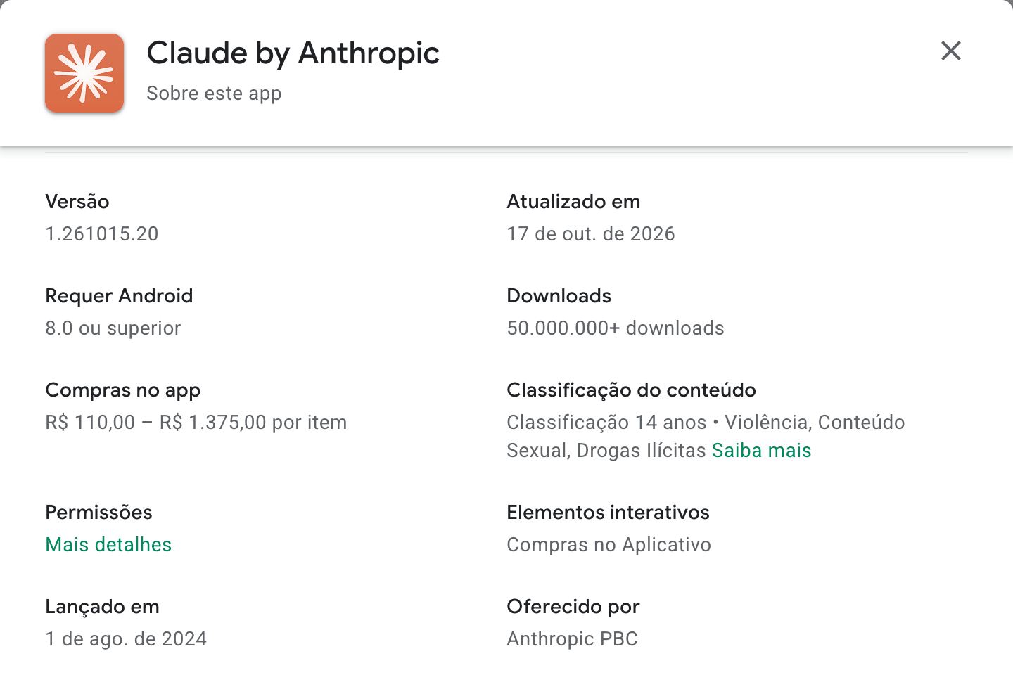 Janela Sobre este app da ficha do Claude by Anthropic na Google Play: versão 1.261015.20, atualizado em 17 de out. de 2026, mais de 50 milhões de downloads, Compras no app de R$ 110,00 a R$ 1.375,00 por item e oferecido por Anthropic PBC