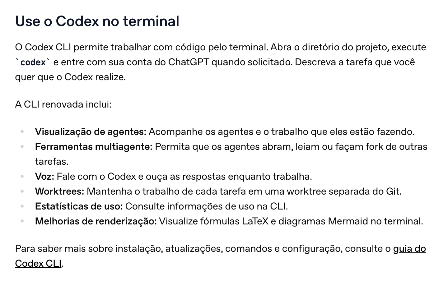 Trecho da central de ajuda da OpenAI explicando como usar o Codex no terminal: abrir a pasta do projeto, executar codex e entrar com a conta do ChatGPT