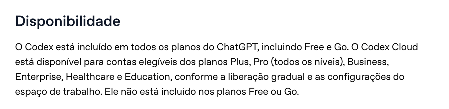 Trecho da central de ajuda da OpenAI dizendo que o Codex está incluído em todos os planos do ChatGPT, inclusive o Free e o Go, e que o Codex Cloud não vem no Free nem no Go