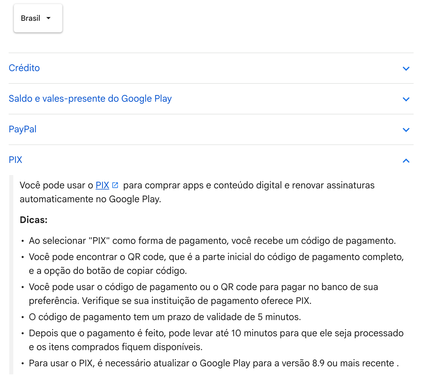 Central de Ajuda do Google Play, página Formas de pagamento aceitas no Google Play, com o Brasil escolhido e a parte do PIX aberta: você pode usar o PIX para comprar apps e conteúdo digital e renovar assinaturas automaticamente no Google Play, e as dicas sobre o código de pagamento