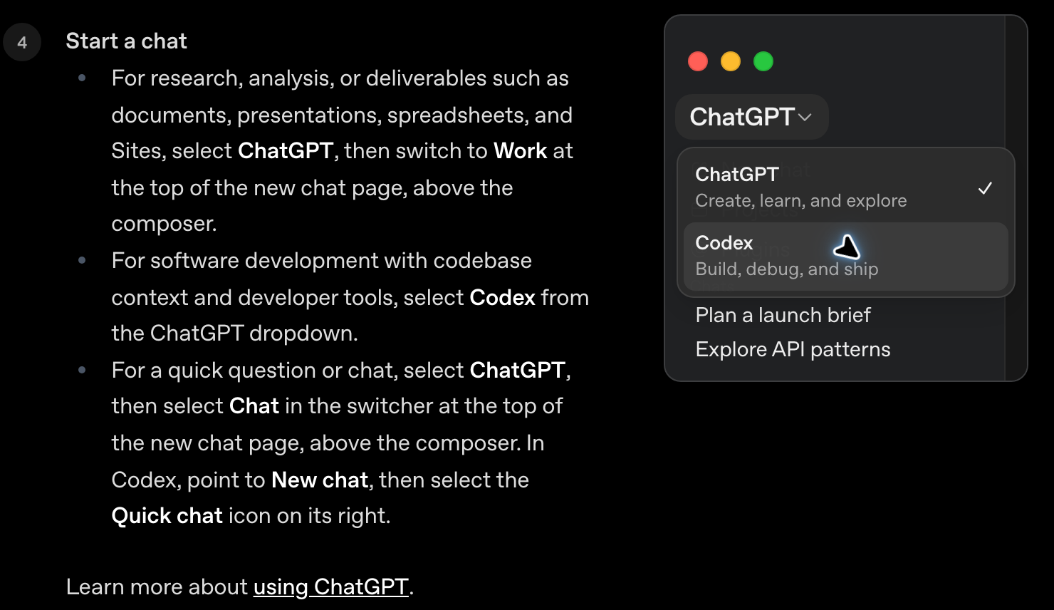 A documentação oficial do ChatGPT no passo “Start a chat”: o texto manda escolher Codex no menu do ChatGPT pra trabalho de programação, e a ilustração do lado mostra o menu aberto, com as opções ChatGPT (Create, learn, and explore) e Codex (Build, debug, and ship), o cursor em cima de Codex.