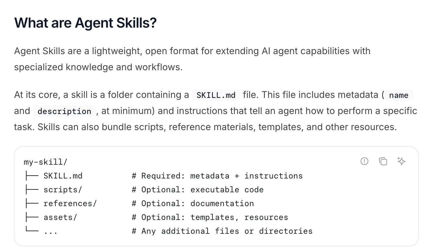 A página do Agent Skills, em inglês: o padrão é um formato aberto e leve pra dar habilidades a agentes de IA; a skill é uma pasta com um SKILL.md (nome, descrição e instruções), e embaixo a árvore da pasta my-skill com SKILL.md obrigatório e as pastas scripts, references e assets opcionais