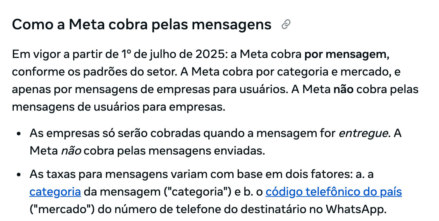 Trecho da documentação da Meta em português, “Como a Meta cobra pelas mensagens”: desde 1º de julho de 2025, a Meta cobra por mensagem, por categoria e por mercado, só nas mensagens da empresa pro usuário e só quando a mensagem é entregue