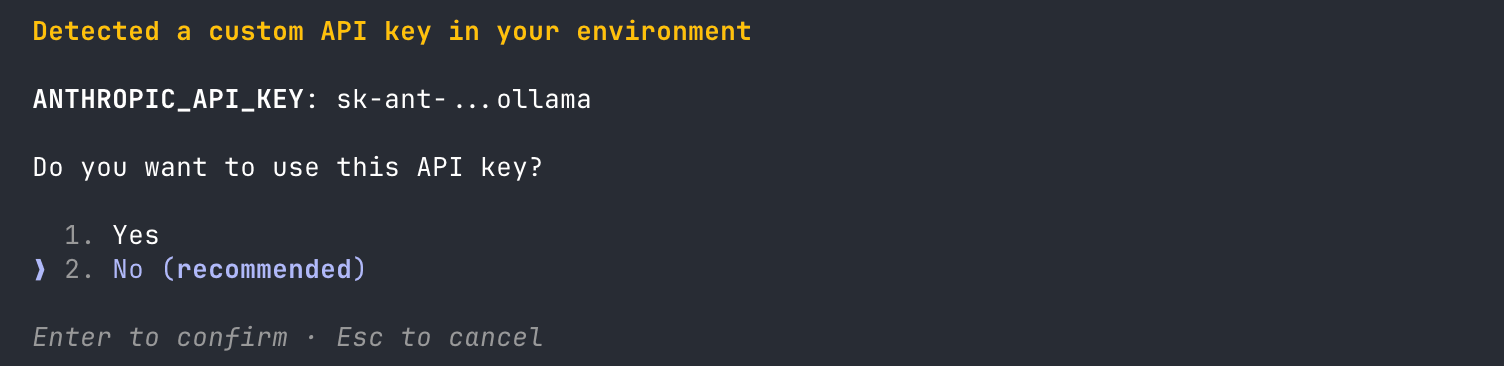 Pergunta do Claude Code no terminal: “Detected a custom API key in your environment”, a variável ANTHROPIC_API_KEY, “Do you want to use this API key?” e as opções 1. Yes e 2. No (recommended)